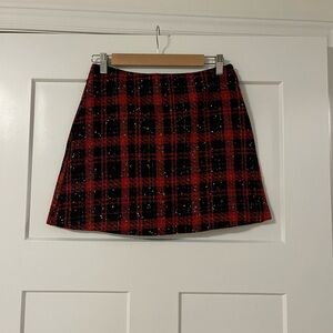 Red and Black Plaid Mini Skirt with Metallic Detail